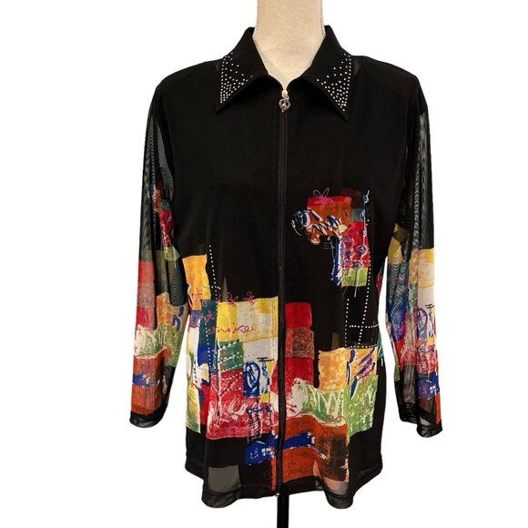 Valentina Twin Set Black Semi Sheer Chiffon Jacket Tank Set Multicolor Geo Artsy - Picture 1 of 14